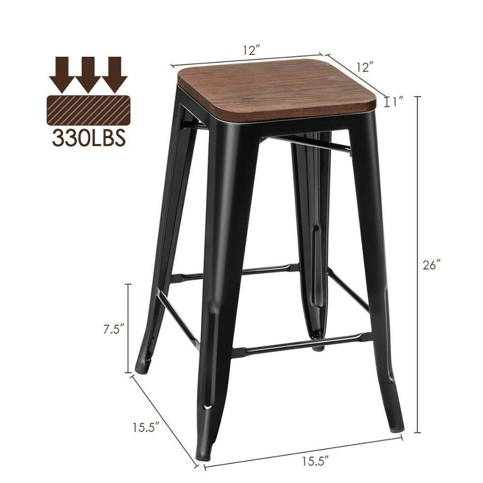 Metal Stackable Stool w/Wood Seat 4pc Set